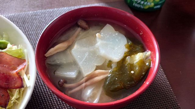 ハヤトウリとタマネギと白菜とワカメと油揚げとシメジのお味噌汁.JPG