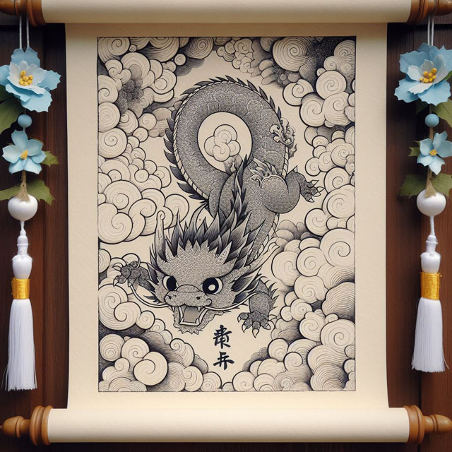 可愛い龍が雲から下りて来る画を掛け軸に薄い色の水墨画風に描いて (1).jpg