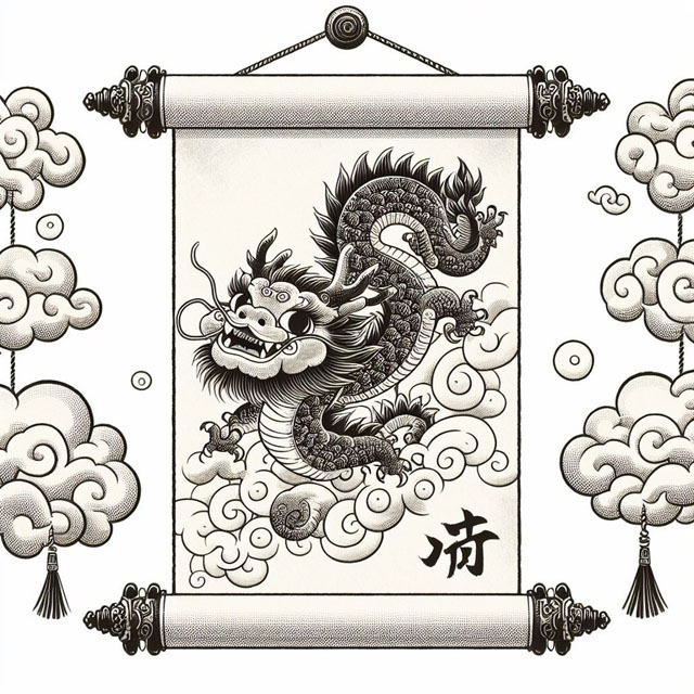 可愛い龍が雲から下りて来る画を掛け軸に薄い色の水墨画風に描いて (4).jpg