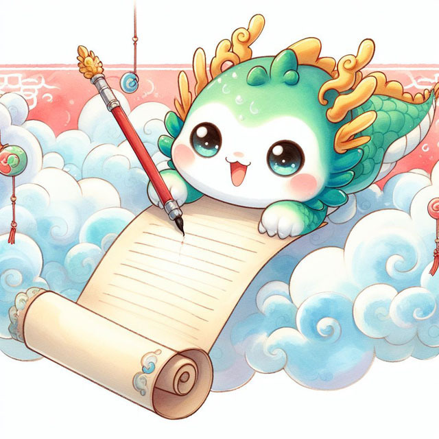 可愛い龍が雲から下りて来る画を掛け軸に薄い色の水彩画風に描いて (1).jpg