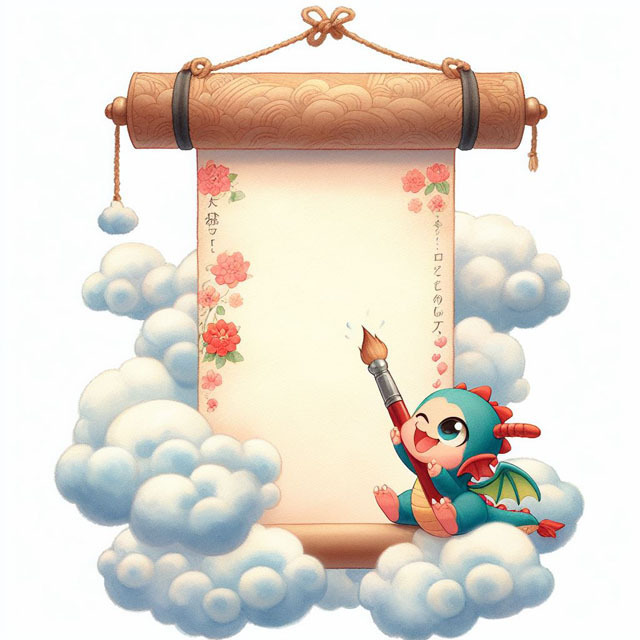 可愛い龍が雲から下りて来る画を掛け軸に薄い色の水彩画風に描いて (2).jpg
