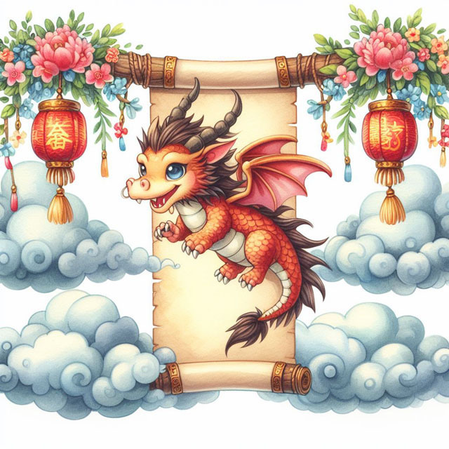 可愛い龍が雲から下りて来る画を掛け軸に薄い色の水彩画風に描いて (3).jpg