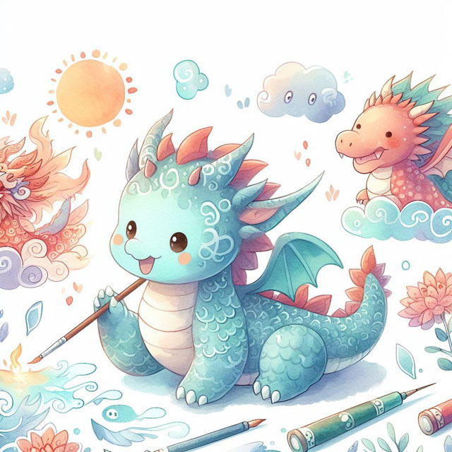 可愛くて悪戯っぽい龍を薄い色の水彩画風に描いて (4).jpg