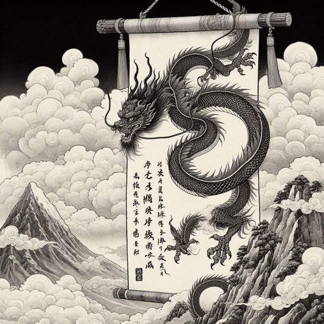 龍が雲から下りて来る画を掛け軸に薄い色の水彩画風に描いて (4).jpg